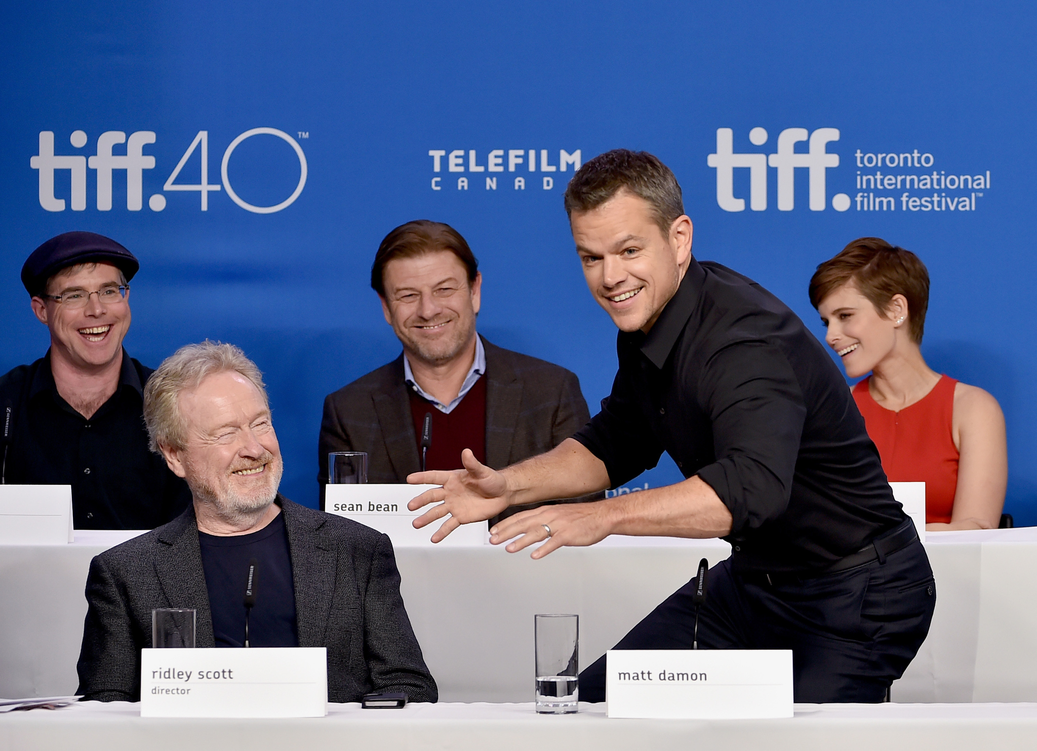 Sean Bean, Matt Damon, Ridley Scott, Kate Mara and Andy Weir at event of Marsietis (2015)