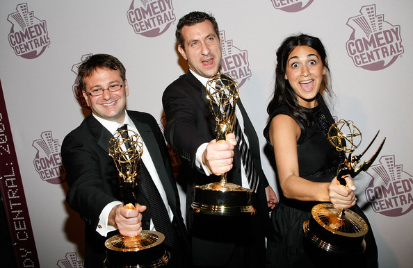 Daily Show Executive Producer Rory Albanese (center) with Supervising Producer/wife Jennifer Flanz(right) and Supervising Producer Jim Margolis(left) arrive at Comedy Central's Emmy Awards party at the STK restaurant September 21, 2008 in Los Angele