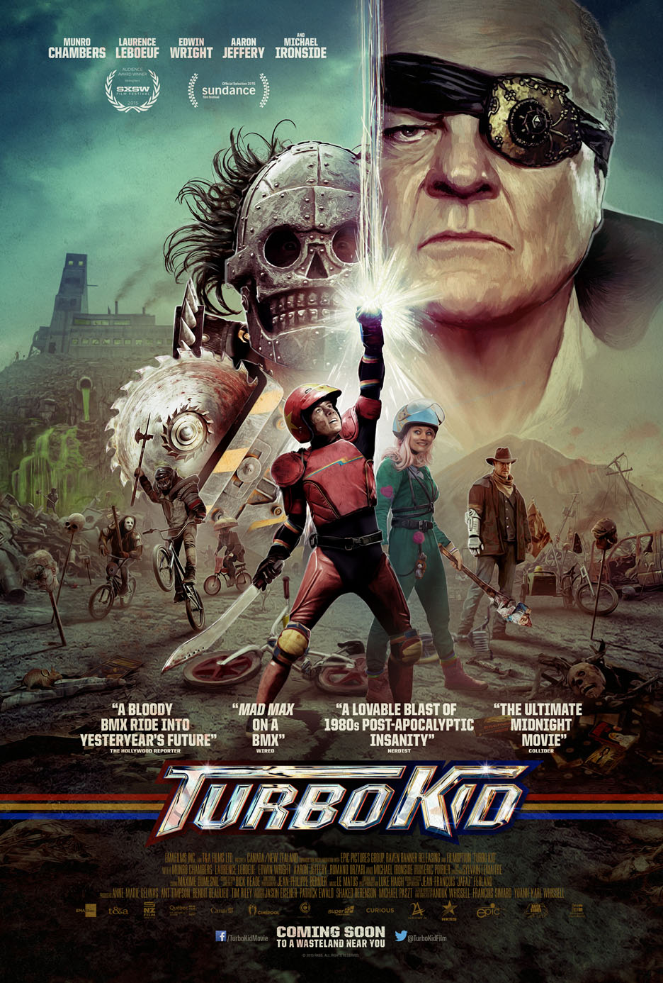 Michael Ironside, Laurence Leboeuf and Munro Chambers in Turbo Kid (2015)
