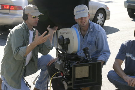Writer/Director (Carl Thibault) and Cinematographer (Jas Shelton) preparing for a shot. Present day shoot Los Angeles.