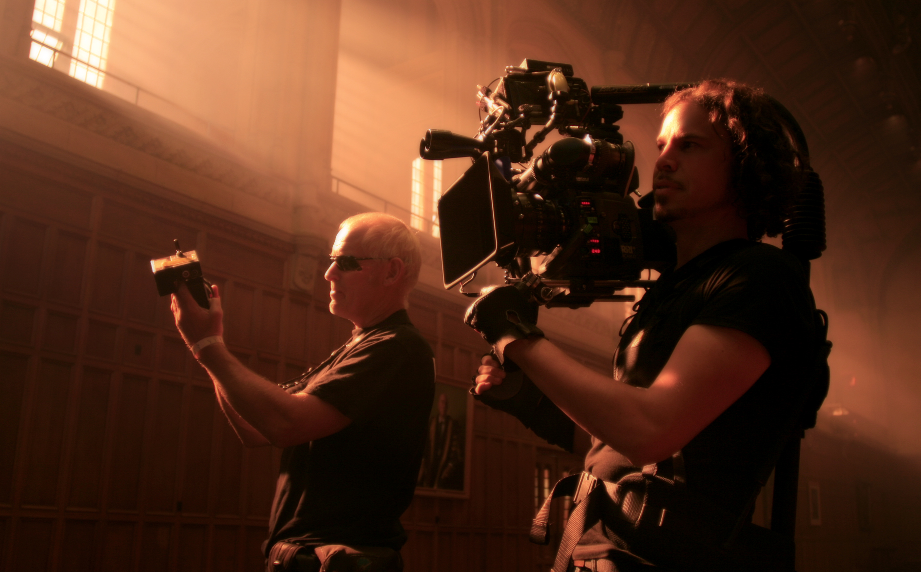 Denson Baker ACS and 1st AC Jem Rayner on the set of Oranges & Sunshine