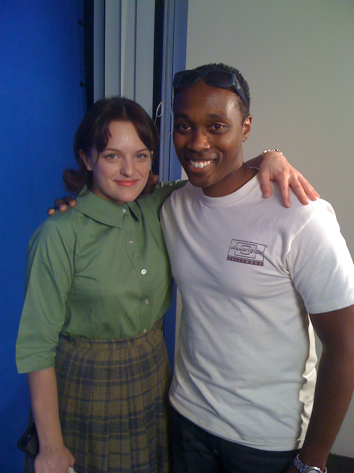 On The MADMEN set. Working as an editor on the MANMEN BluRay for seasons two and three. Left: Elisabeth Moss Right: Abdul Stone Jackson