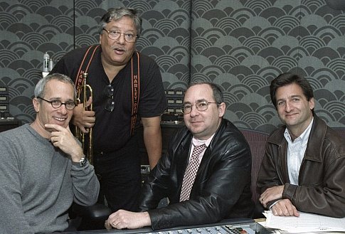 Composer James Newton Howard (left) and Latin jazz legend Arturo Sandoval (center left) collaborated with Sonnenfeld (center right) and producer Tom Jacobson (right).