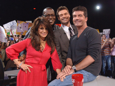 Paula Abdul, Ryan Seacrest, Simon Cowell and Randy Jackson at event of American Idol: The Search for a Superstar (2002)