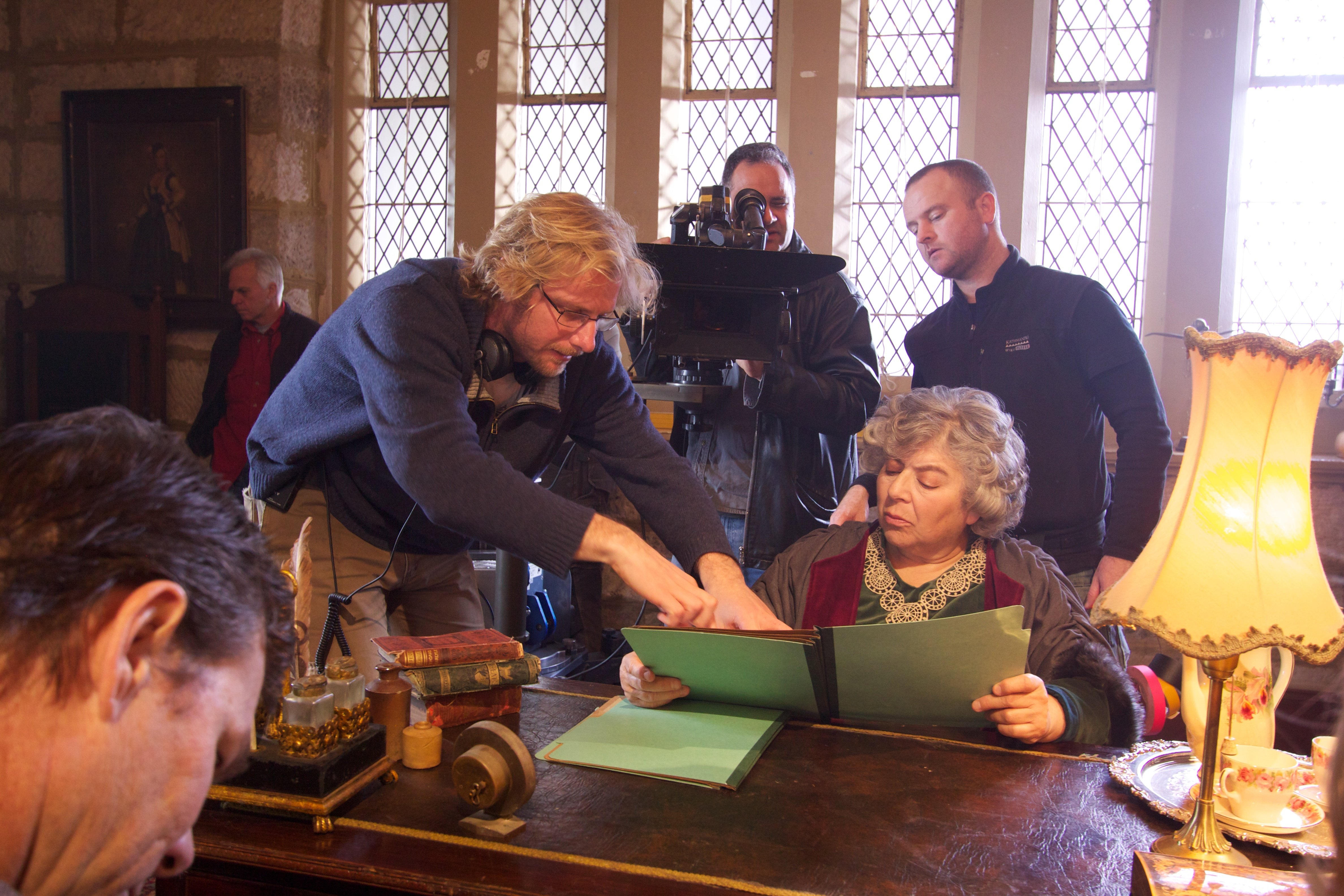 Director Peter Mether and Miriam Margolyes on set in the Headmistress' office.