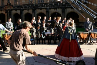 Spirit-ED day 1 filming. Edmund (Joel Barker) hover board in from of the Divinity angel school choir.