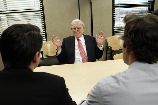 Still of John Krasinski, Warren Buffett and Zach Woods in The Office (2005)