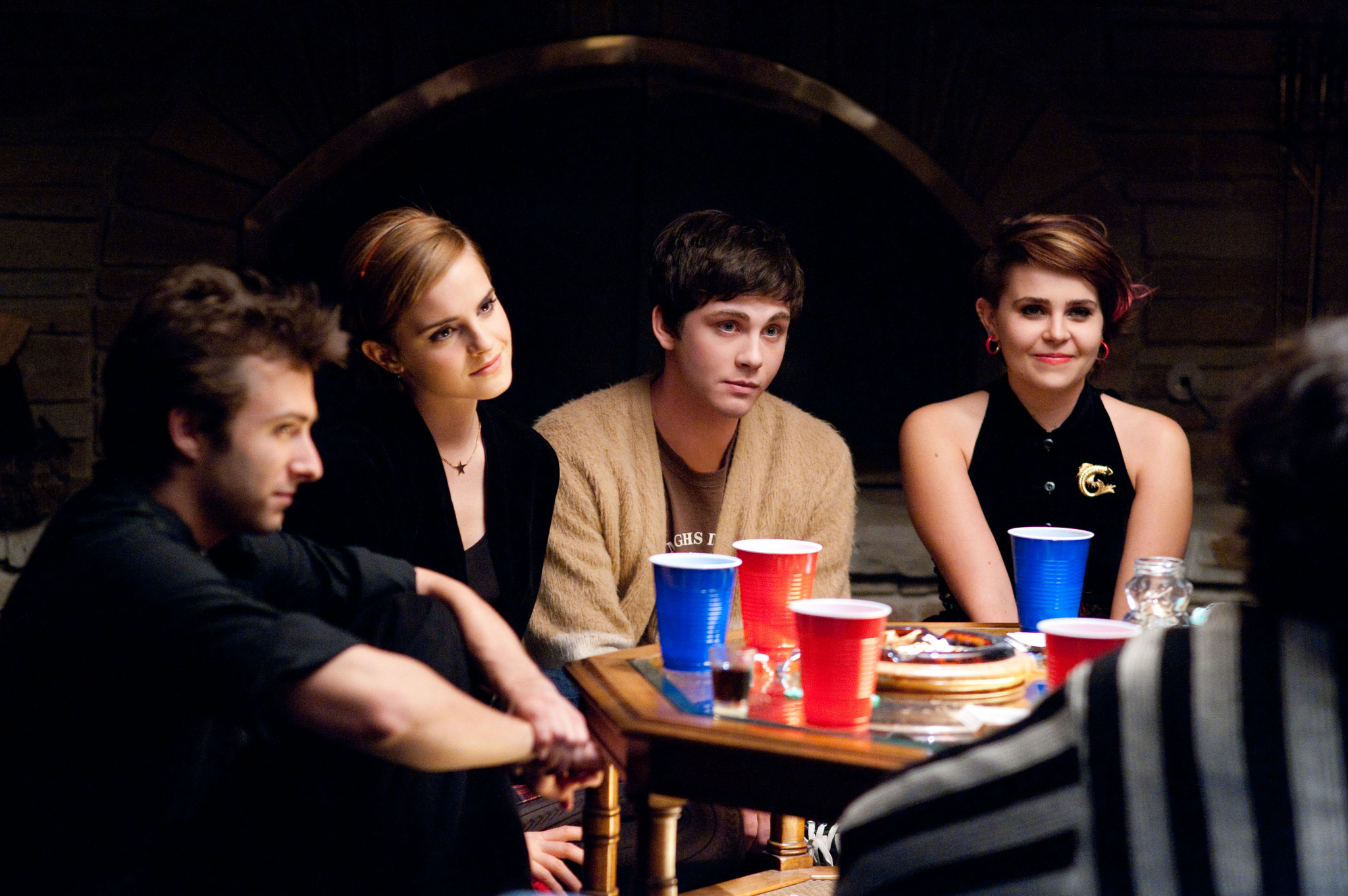 Still of Logan Lerman, Emma Watson, Mae Whitman and Reece Thompson in The Perks of Being a Wallflower (2012)