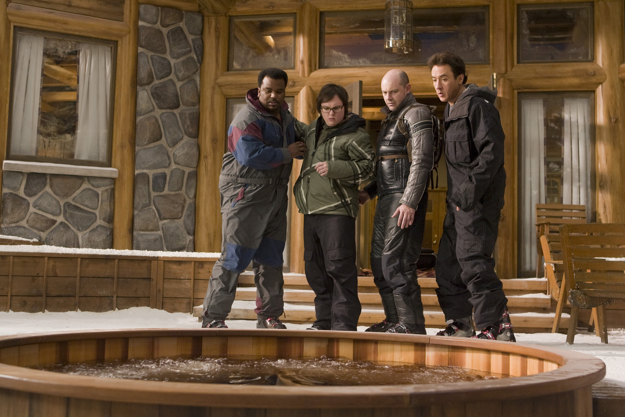 Still of John Cusack, Clark Duke, Craig Robinson and Rob Corddry in Hot Tub Time Machine (2010)