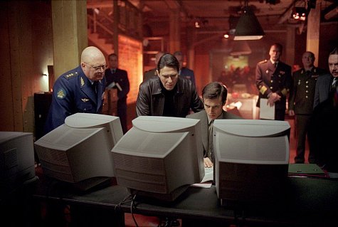 (Left to right) Constantine Gregory as General Bulgakov, Ciarán Hinds as President Nemerov and Mariusz Sibiga as Nemerov's Translator in 