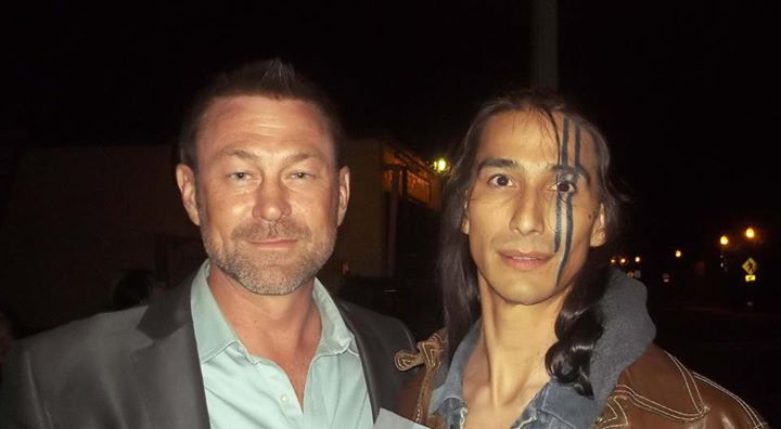 Actors Grant Bowler and Tokala Clifford-Black Elk pause for a photo during the filming of 