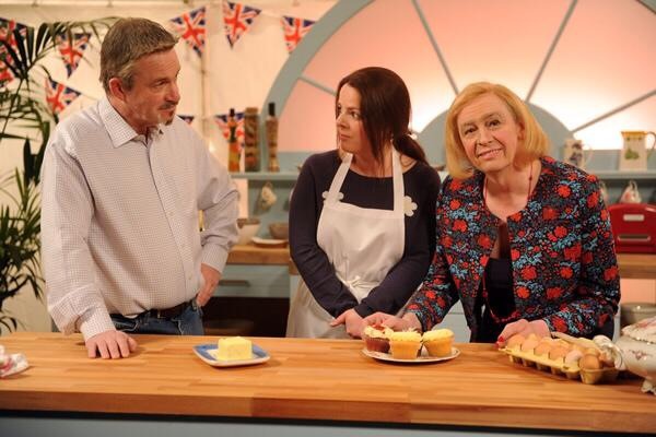 Joanna Jeffrees as the Great British Bake Off baker alongside Harry Enfield & Paul Whitehouse in the comedy sketch show 'Harry & Paul's Story of the 2's' on BBC 2.