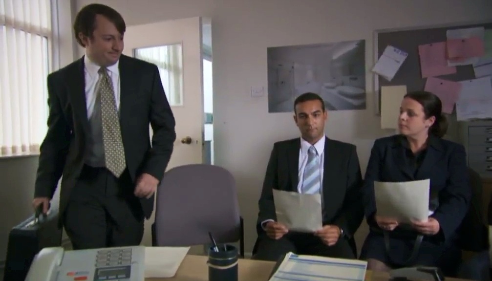Joanna Jeffrees as the Female Job Candidate in the Channel 4 award winning TV Comedy Series 'Peep Show'. Series 8. Episode 1. Alongside David Mitchell.