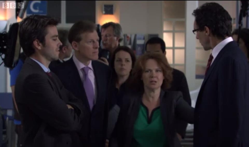 Joanna Jeffrees as the Private Secretary in the BBC 1 TV Series 'Holby City', alongside Guy Henry, Eve Matheson, Peter Coxon, Mohamed Elhossainy and Micheal Byers. Series 15. Episode 1.