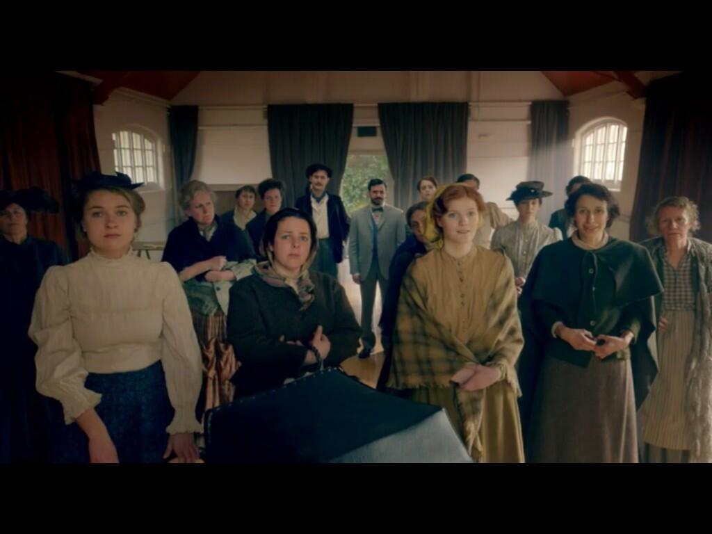 TV Still of Joanna Jeffrees (front row, second from left) in the Sky 1 TV comedy series 'Chickens', Series 1.Ep.2.