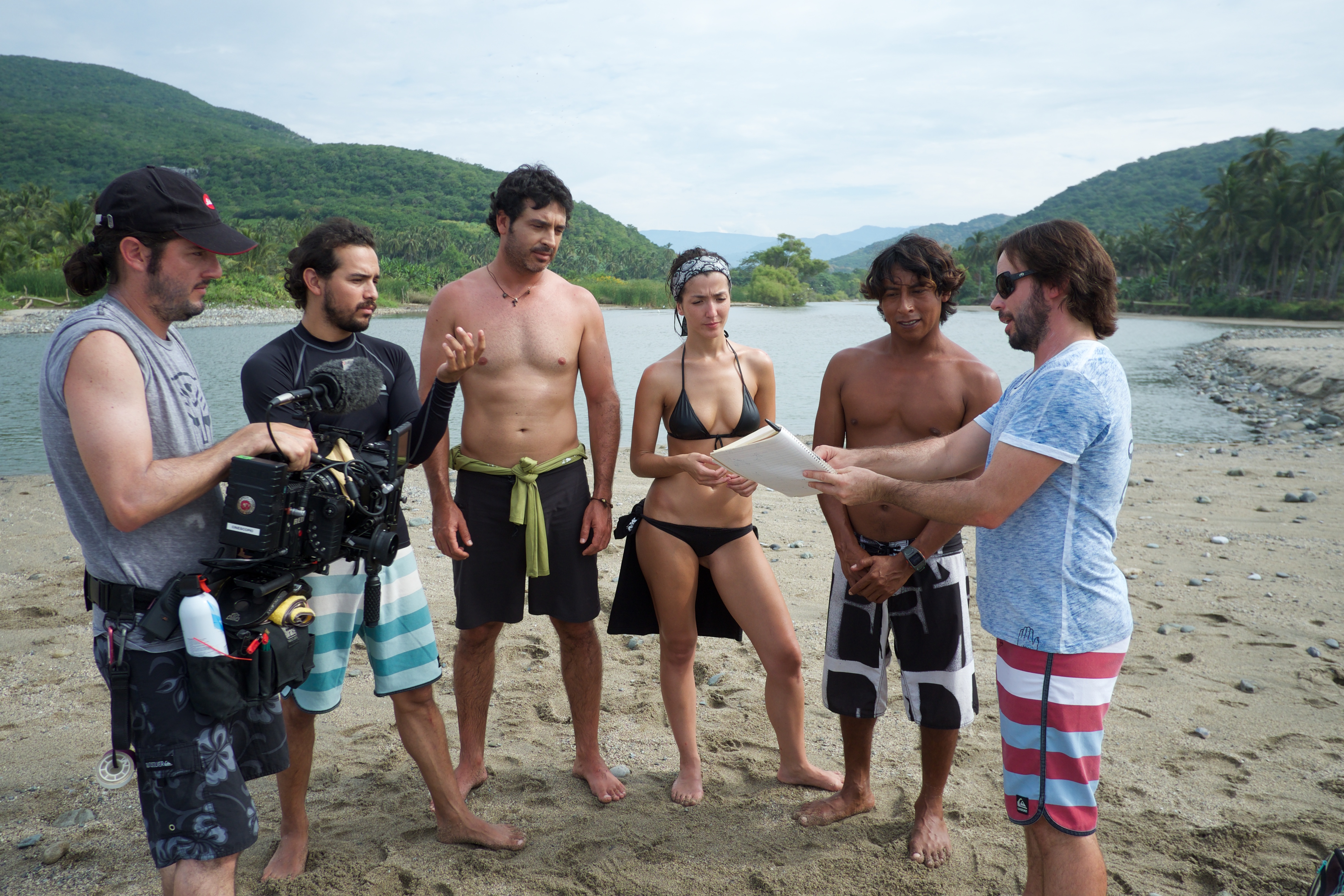 on the set of movie RIDING TO THE LIGHT director Fernando Lebrija on the right, actors Alejandro Edda, Erendira Ibarra and Javier Alvarez getting ready