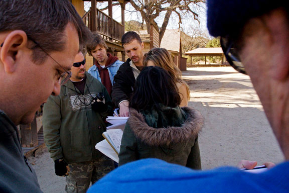 Jerry discusses logistics with Danielle Clemenza, Production Designer at Paramount Ranch.