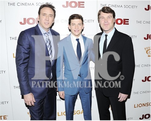 Actor Nicholas Cage, Actor Tye Sheridan and Producer Todd Labarowski arrive at the Premiere of 'Joe' hosted by Lionsgate & Roadside Attractions with the Cinema Society at the Landmark Sunshine Cinema in New York City on April 9, 2014.