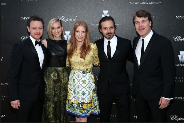 Actors James McAvoy, Jess Weixler, Jessica Chastain, writer/director Ned Benson and producer Todd Labarowski attend 'The Disappearance Of Eleanor Rigby' 67th Cannes Film Festival pre-screening reception hosted by The Weinstein Company, on May 17, 2014.