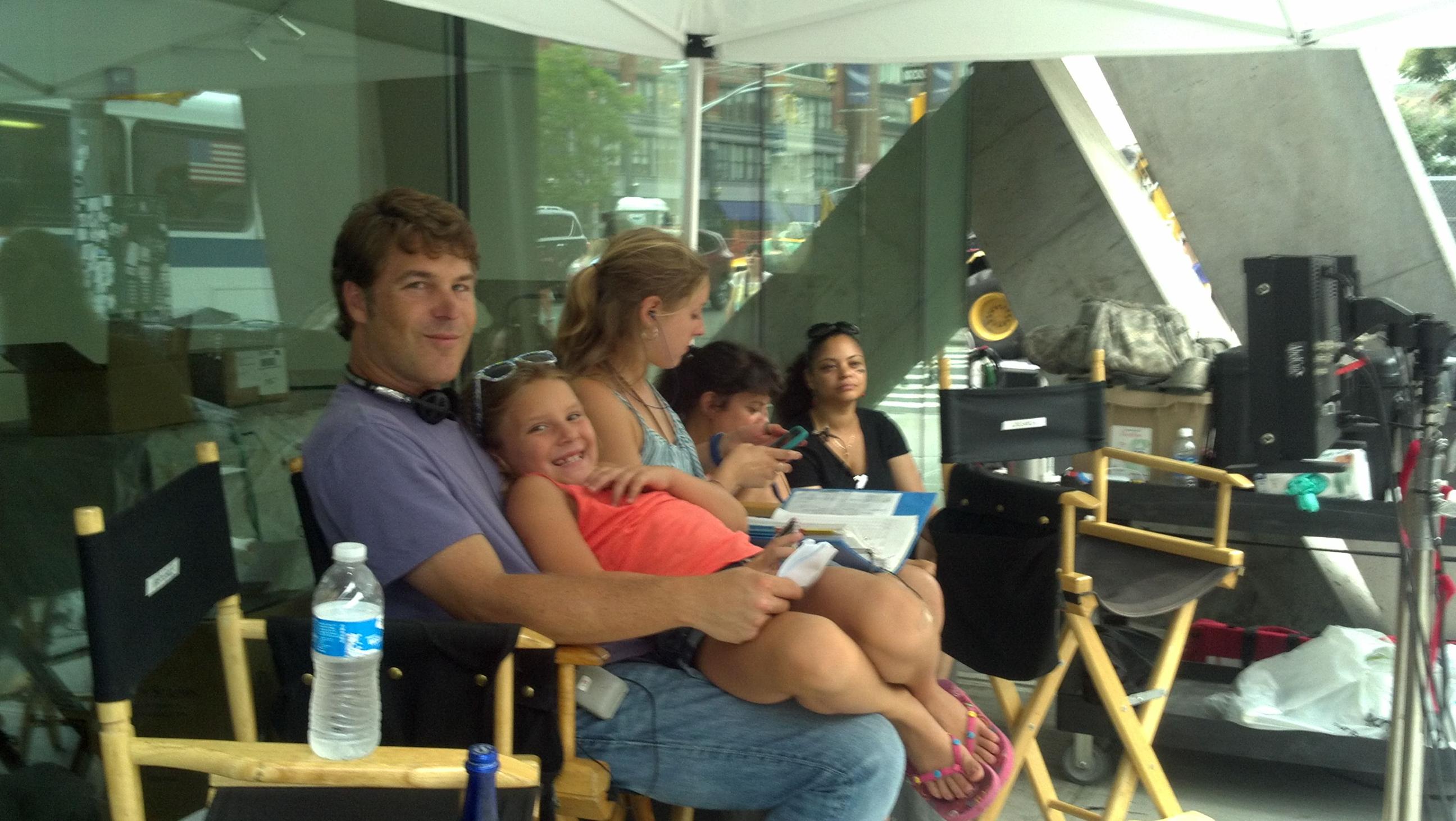 Producer Todd Labarowski and his daughter Mary Grace on the set of 