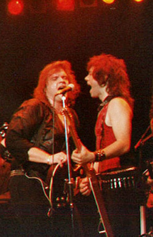 Alan Merrill (right) with Meat Loaf, live at Wembley. London England 1987.