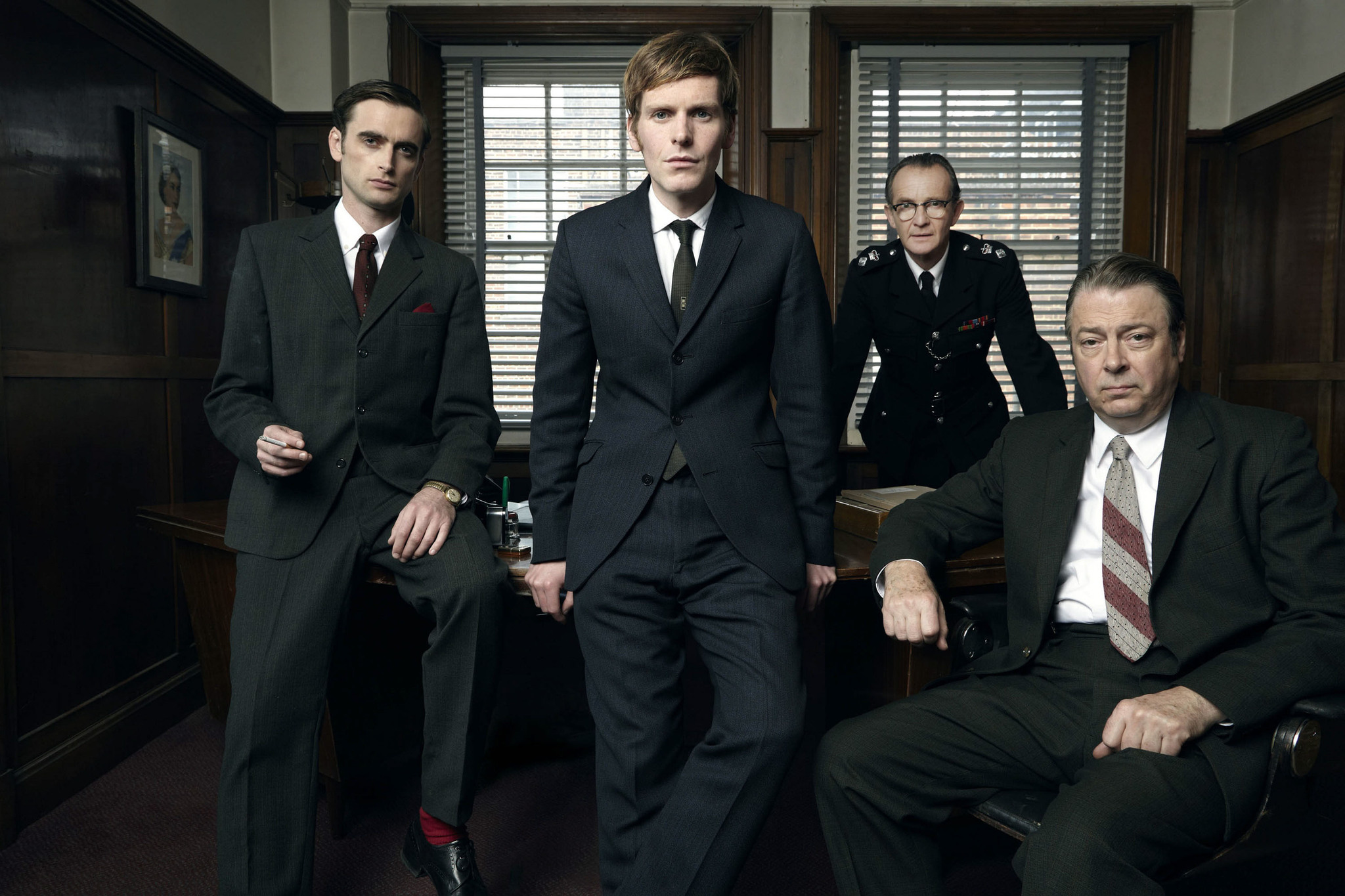 Still of Roger Allam, Anton Lesser, Shaun Evans and Jack Laskey in Endeavour (2013)