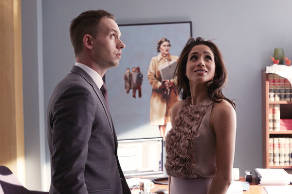 Still of Shane Mahood, Patrick J. Adams and Meghan Markle in Suits (2011)