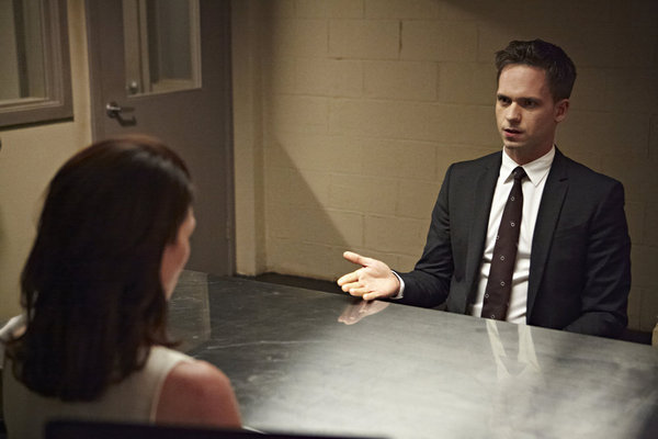 Still of Michelle Fairley and Patrick J. Adams in Suits (2011)