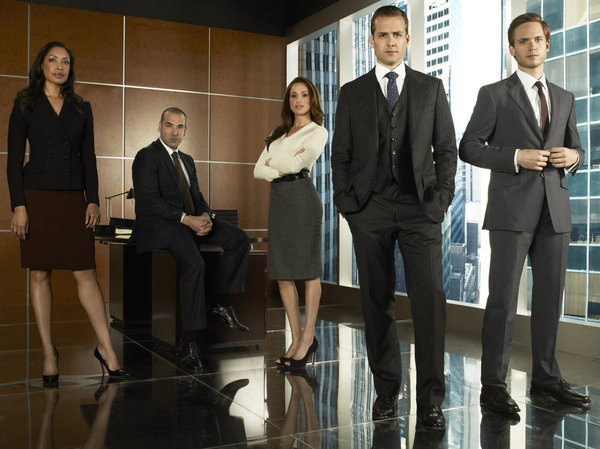 Still of Rick Hoffman, Gabriel Macht, Gina Torres, Patrick J. Adams and Meghan Markle in Suits (2011)