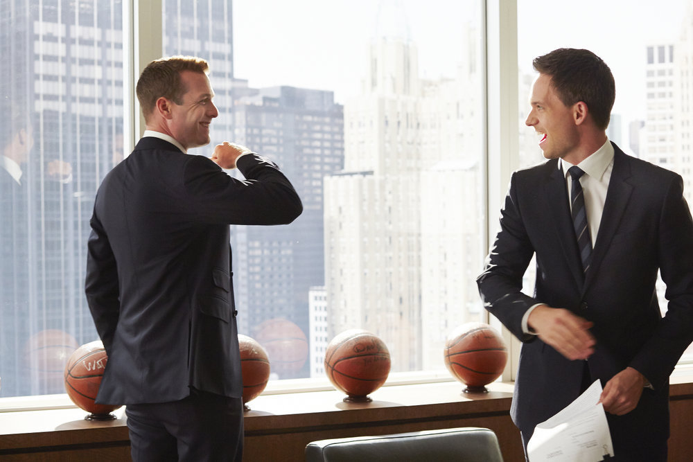 Still of Gabriel Macht, Michael Ross and Patrick J. Adams in Suits (2011)