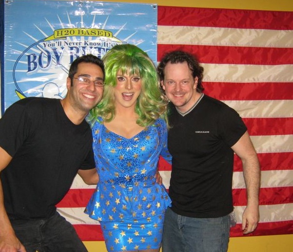 Michael Stever with drag diva Hedda Lettuce, & 'Boy Butter' founder Eyal Feldman.