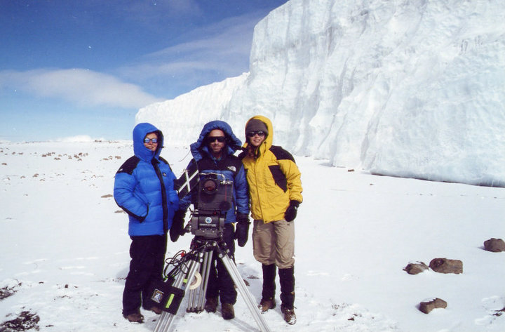 Heidi Albertsen (right) is photographed at 19,000 feet while filming the IMAX film Kilimanjaro: To the Roof of Africa, in 2001, along with members of the production crew.