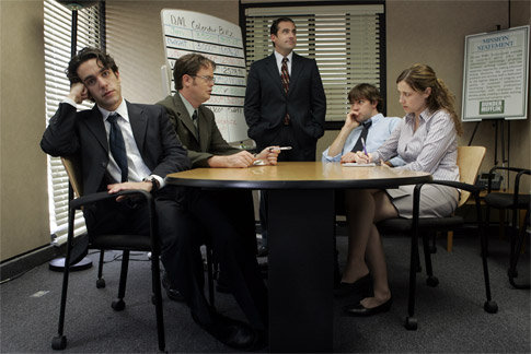 Still of Steve Carell, Rainn Wilson and B.J. Novak in The Office (2005)