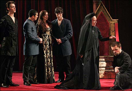 Shane McRae as Lord Grey, James Yaegashi as The Marquess of Dorset, Mercedes Herrero as Queeen Elizabeth, Gareth Saxe as Lord Rivers, Isa Thomas as Queen Margaret, widow of Henry VI and Peter Dinklage as RIchard, Duke of Glouster in 'RICHARD III'