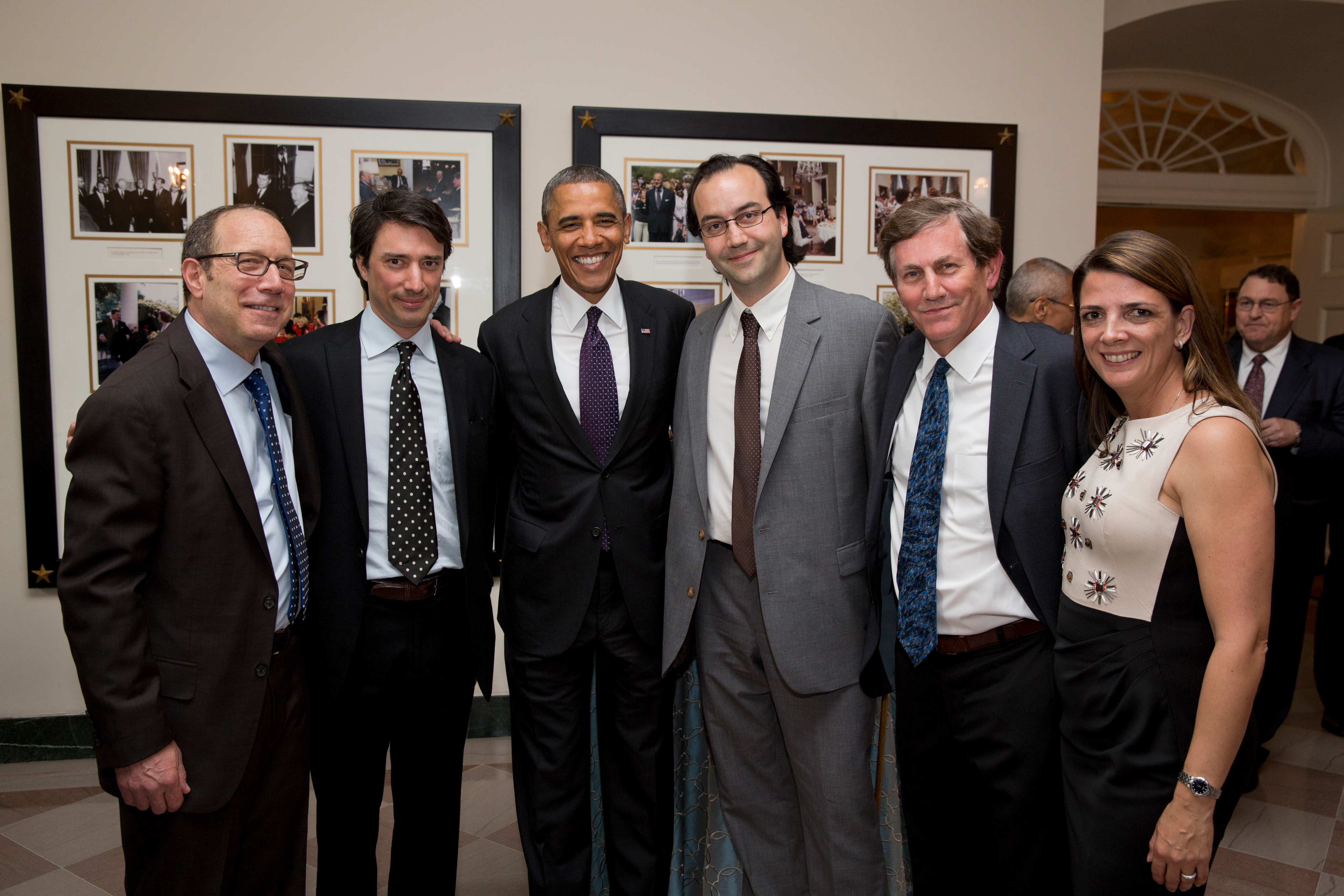From Left to Right, Knute Walter; Gedeon Naudet; President Obama; Jules Naudet; Chris Whipple; Nancy Daniels, Screening at the White House, The Presidents' Gatekeepers