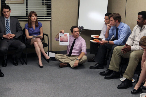 Still of Gabe Lewis, John Krasinski, Ed Helms, Zach Woods and Ellie Kemper in The Office (2005)