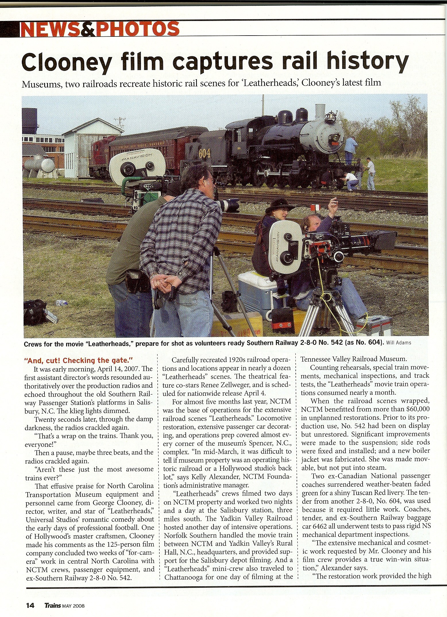 TRAINS Magazine, May 2008. Leatherheads' railroad scenes were a cooperative effort between film commissions, several Divisions of NS, Yadkin Valley RR, and NCTM. Details here.