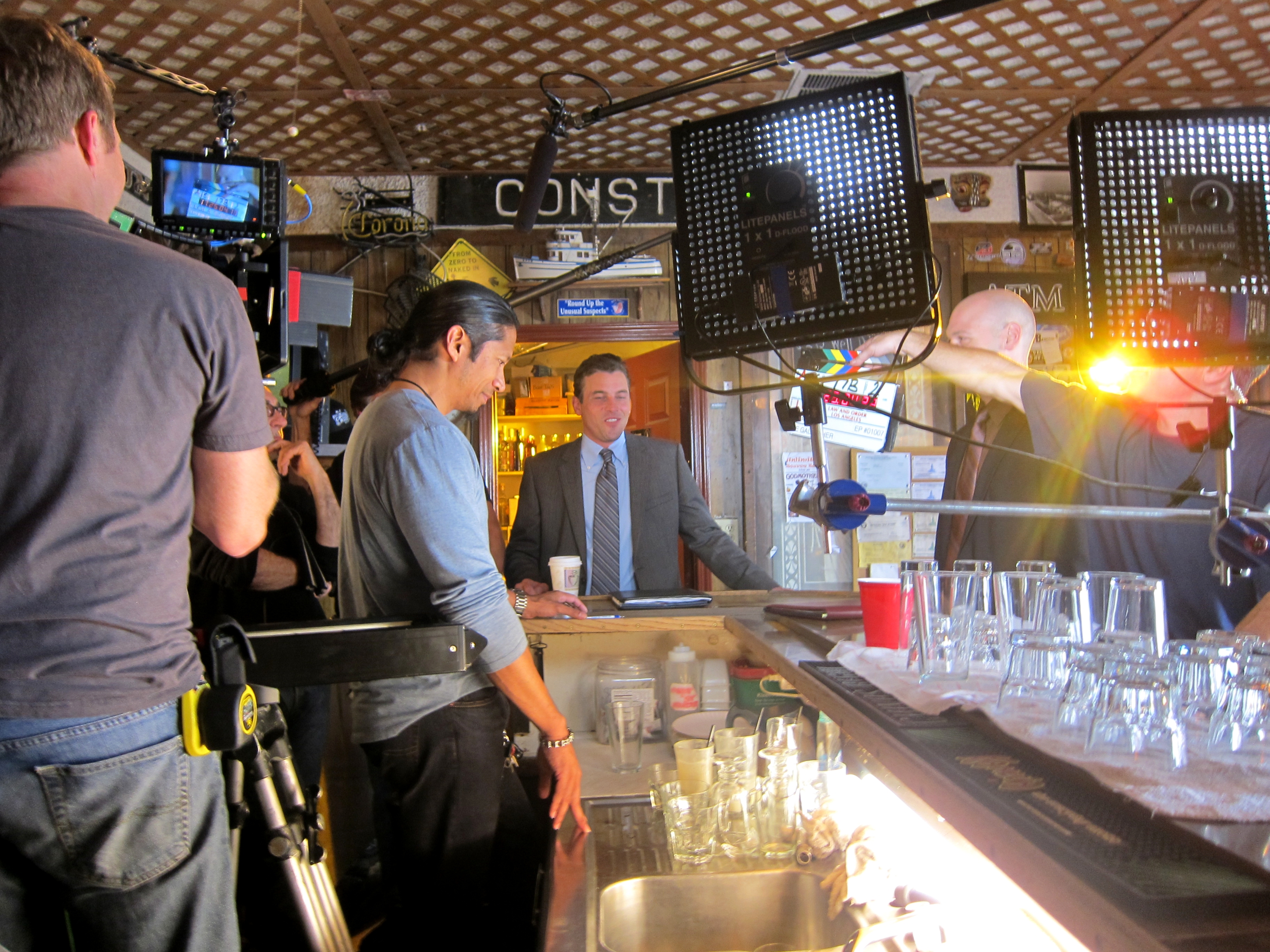 On The Set: LAW & ORDER: Los Angeles (On Location at Godmother's Saloon in San Pedro, CA) with series regulars Skeet Ulrich and Corey Stoll.