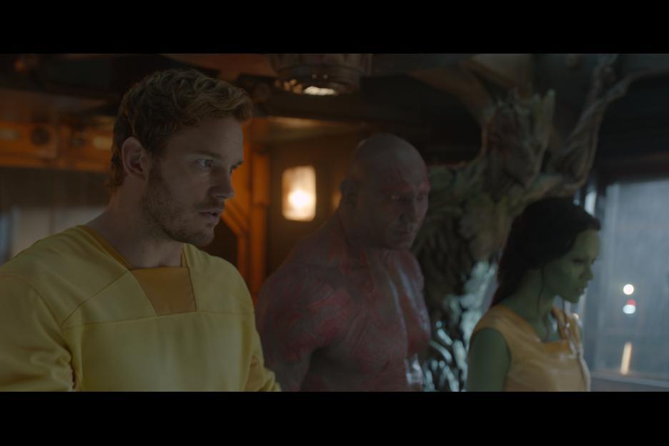 Still of Chris Pratt, Zoe Saldana and Dave Bautista in Galaktikos sergetojai (2014)