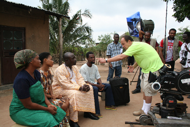 Bruno Pischiutta directing the actors of PUNCTURED HOPE on the set in Ghana, Africa