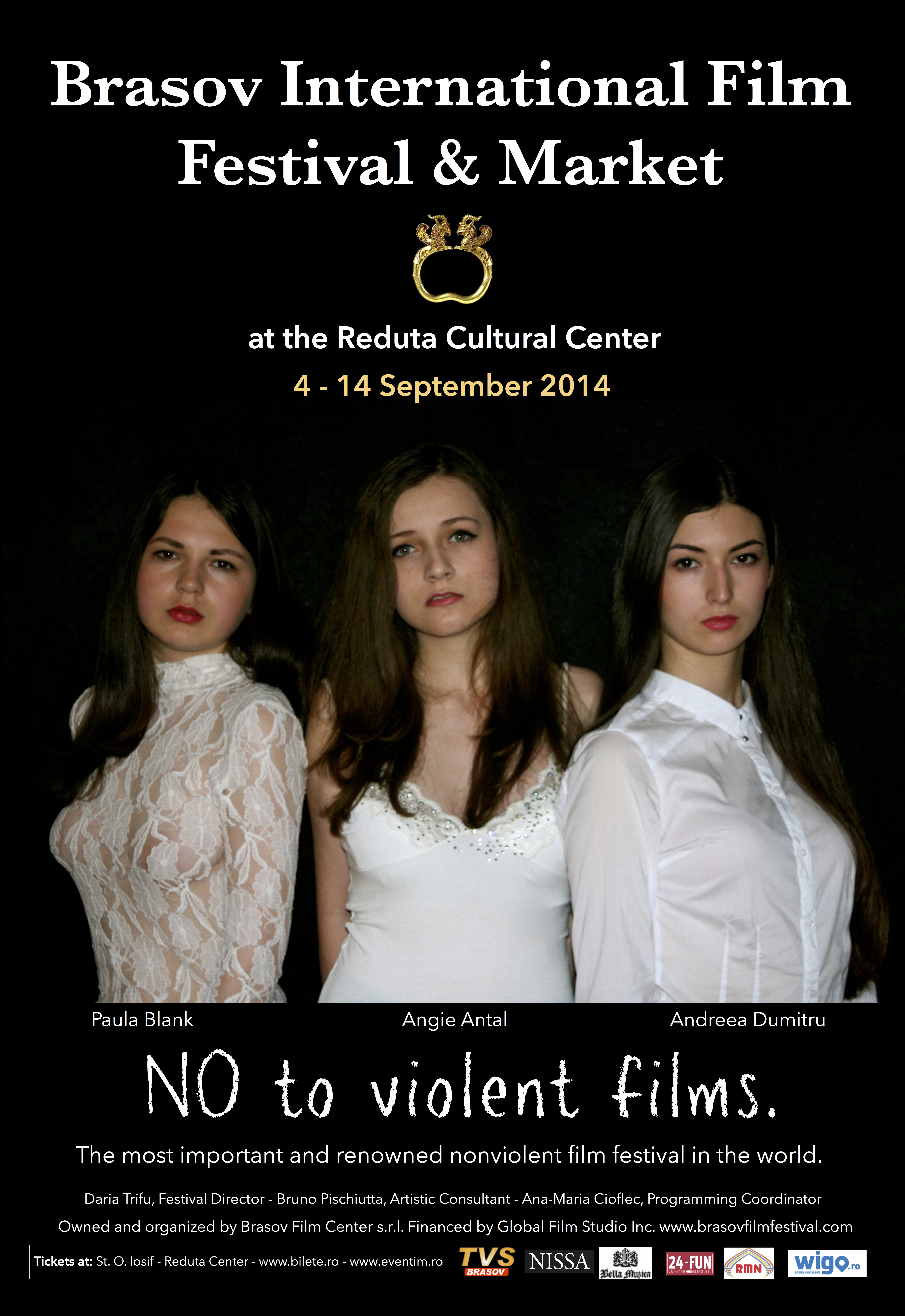Official poster of the 2014 edition of the Brasov International Film Festival & Market (www.brasovfilmfestival.com). Photo by Bruno Pischiutta; Graphic design by Daria Trifu; Featuring Actresses Paula Blank, Angie Antal and Andreea Dumitru.