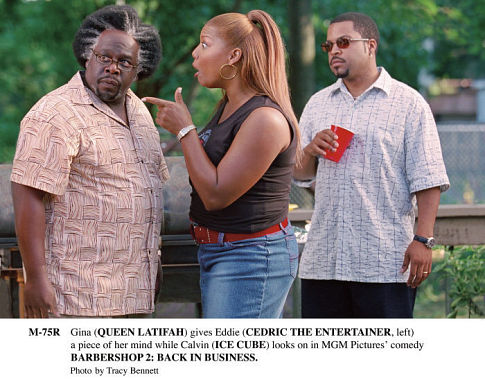 Still of Ice Cube, Queen Latifah and Cedric the Entertainer in Barbershop 2: Back in Business (2004)