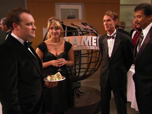 Still of David Hewlett, Bill Nye, Jewel Staite and Neil deGrasse Tyson in Stargate: Atlantis (2004)