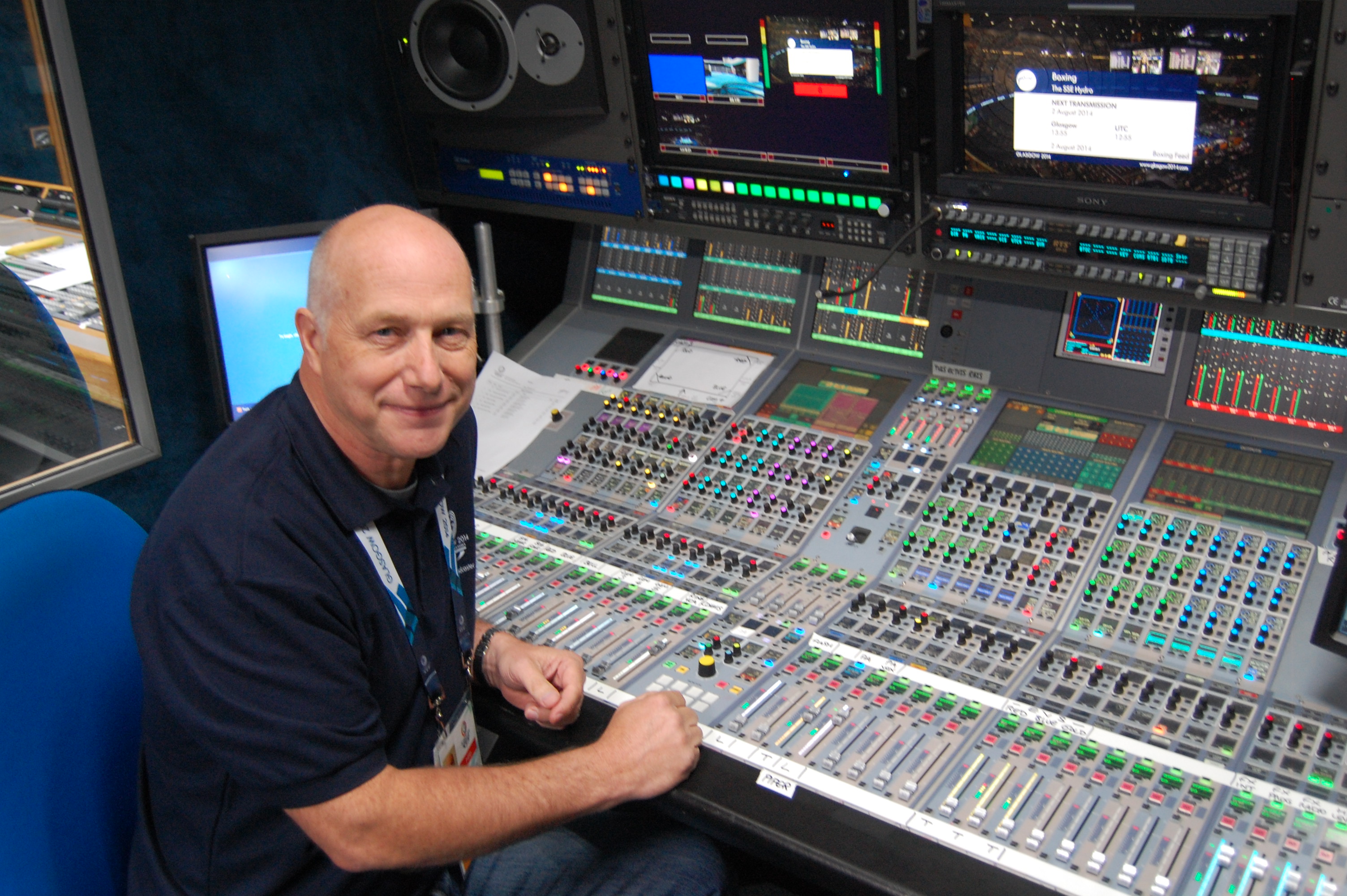Mixing the XX Commonwealth Games boxing finals on a Calrec Apollo mixing desk at Glasgow 2014.