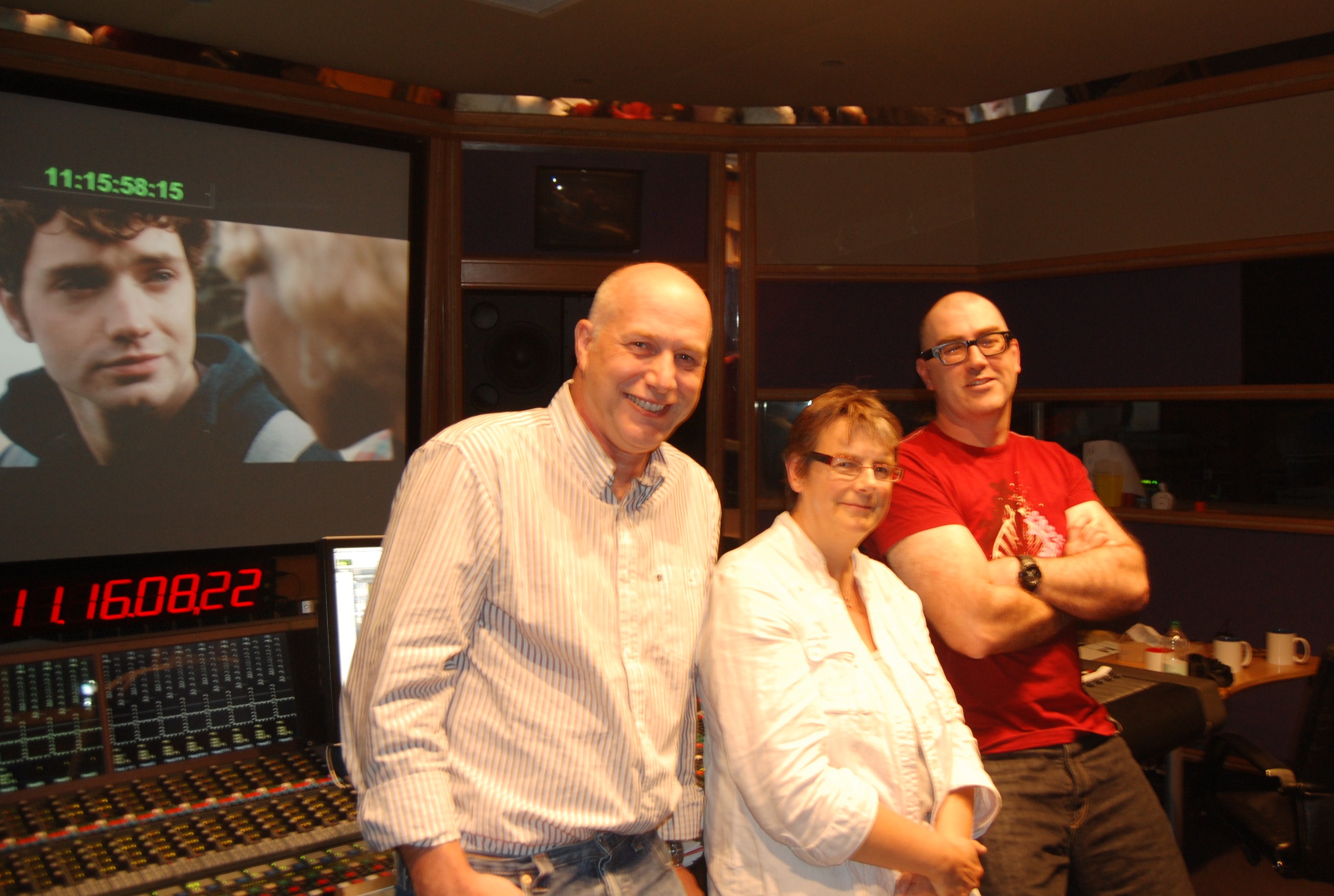 Theatrical mix completed on the movie 'Here and Now', at AIR Lyndhurst, London; September 7th 2013. Mixers Neil Hillman MPSE (L) and Pip Norton (C), with the film's Director, Lisle Turner (R).