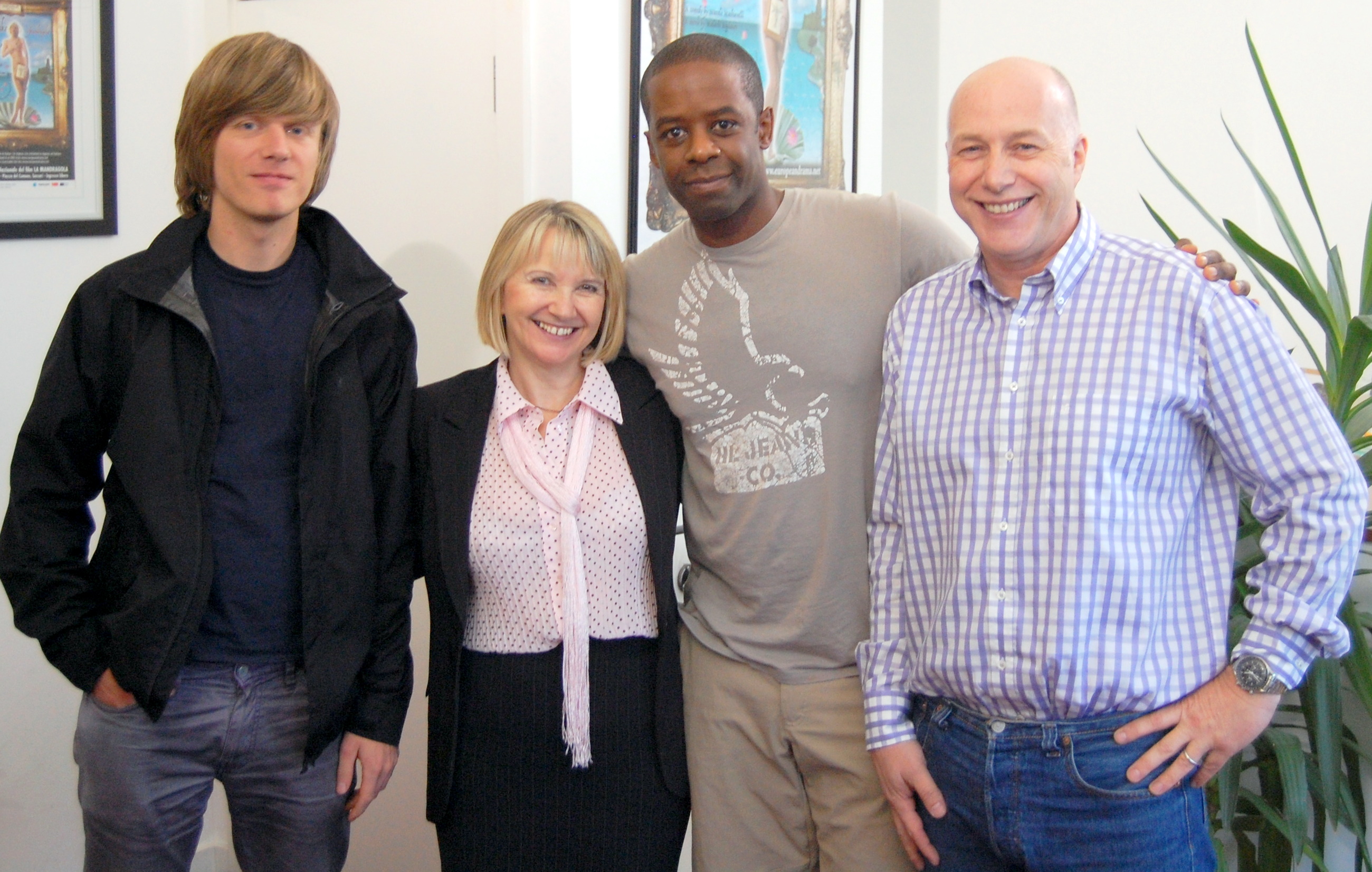 Adrian Lester at The Audio Suite for his Hustle ADR session for Series 8, Episodes 1 and 2. Dialogue Editor Alex Sawyer (left), Facility Manager Heather Reinman, Adrian Lester and ADR Mixer Neil Hillman (right).