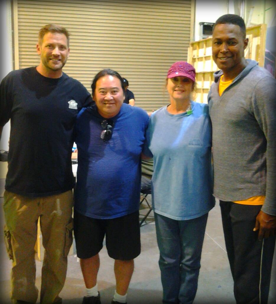 Actor Sasha Mitchell, Director Albert Pyun, Writer Cynthia Curnan and Actor Josef Cannon on the set of CYBORG NEMESIS in Nevada