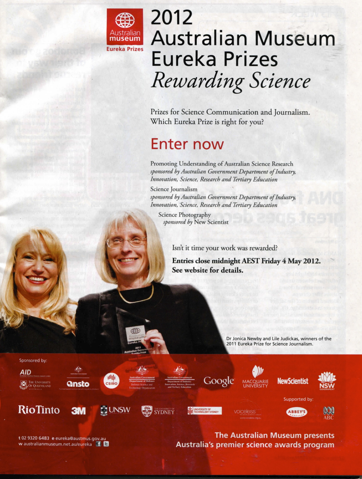 Eureka Prize winners (for Science Journalism) Dr. Jonica Newby & Lile Judickas (New Scientist magazine ad for Australian Museum Eureka Prizes)