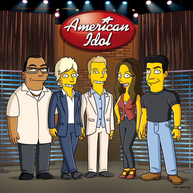 Still of Ellen DeGeneres, Ryan Seacrest, Simon Cowell, Randy Jackson and Kara DioGuardi in Simpsonai (1989)