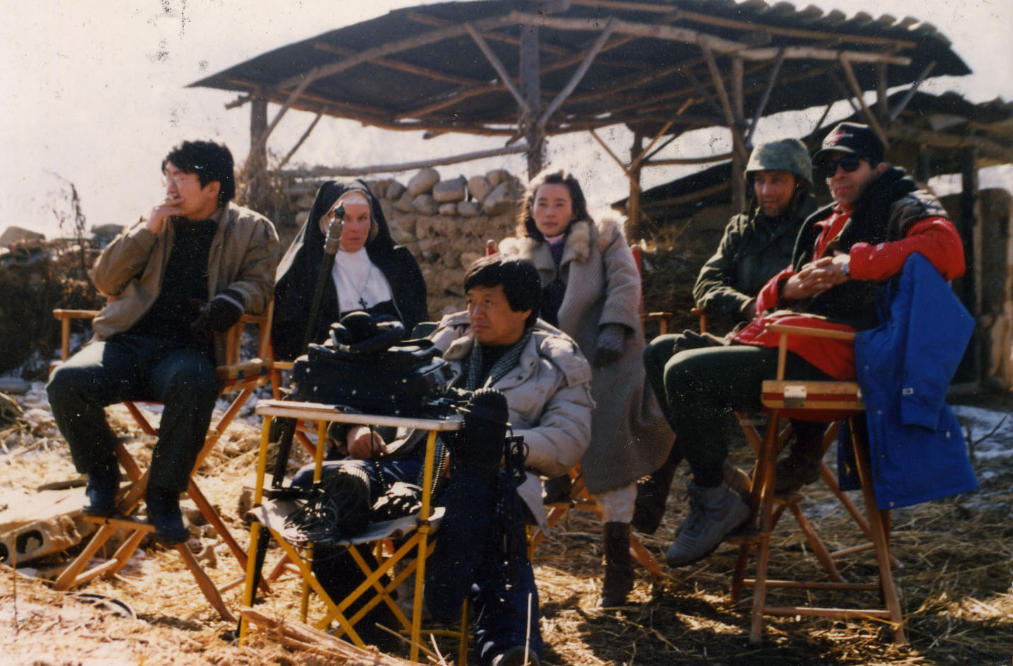 Dennis Christen, Gary Wood, Greta Blackburn and Eun Kyong Soe on the set of SOLDIERS OF INNOCENCE 1989